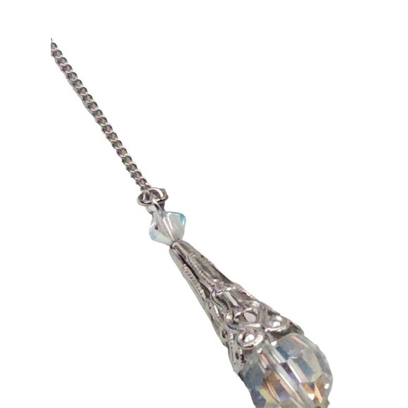 Crystal Teardrop Pendant Chain Necklace Spring Ring Closure Silver Tone Vintage - Picture 6 of 6